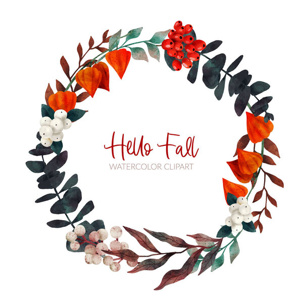 Fall floral wreath, autumn flowers and leaves