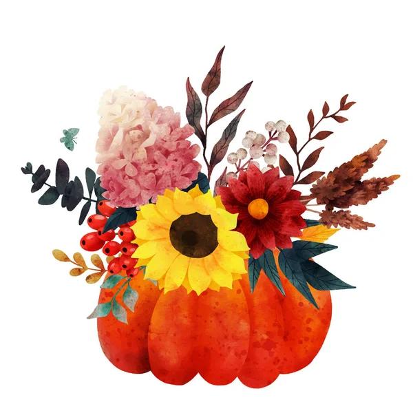 Ramo de otoño en jarrón de calabaza, vector dibujado a mano — Archivo Imágenes Vectoriales