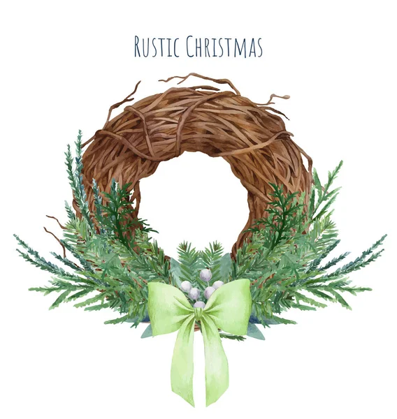 Couronne de Noël en bois, aquarelle vectorielle dessinée à la main — Image vectorielle