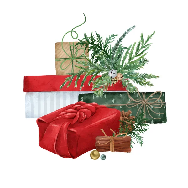 Navidad cajas de regalo composición con ramas de abeto — Vector de stock