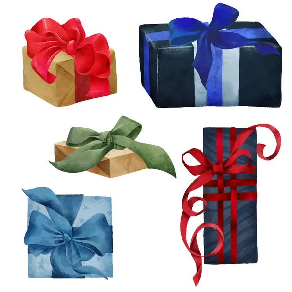 Set de cajas de regalo con arcos, vector dibujado a mano — Vector de stock