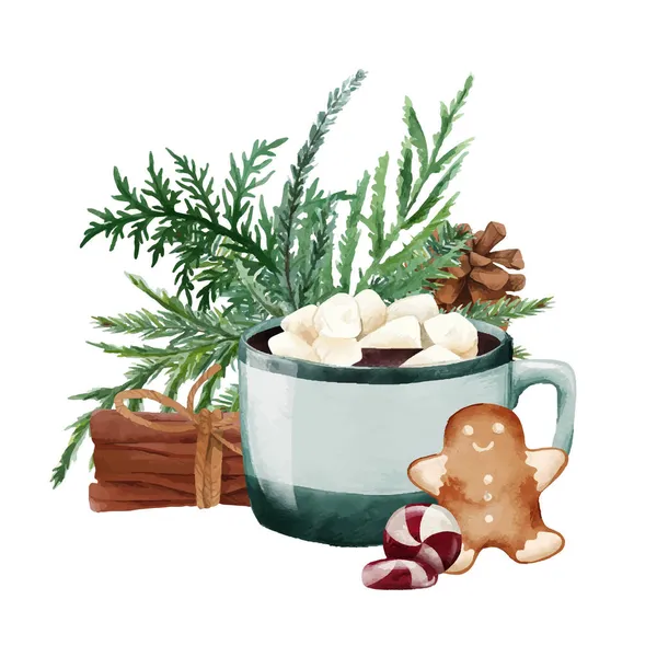 Cocoa mug with marshmallow and spruce bouquet. — Stock Vector