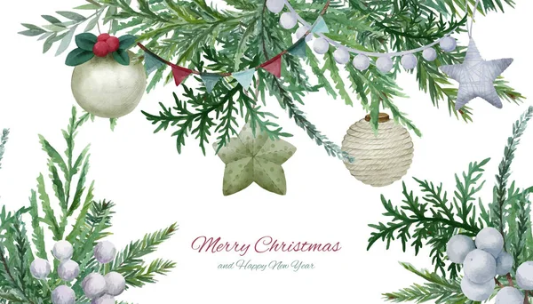 Branches d'épinette avec jouets de Noël et guirlandes. — Image vectorielle