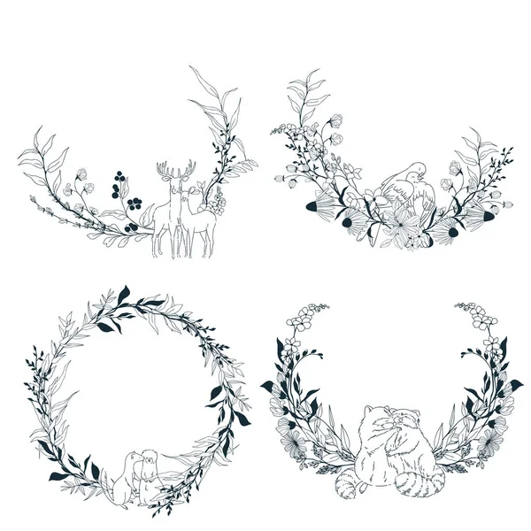 4つの繊細な花の花輪、ラインアートのセット — ストックベクタ