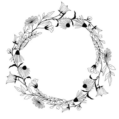 Küçük çiçek çelengi, çizgi sanatı, el çizimi vektör. 