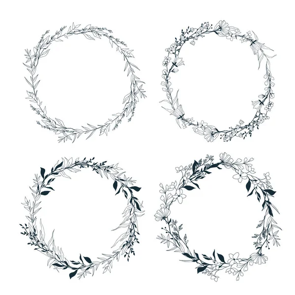 Ensemble de quatre couronnes florales délicates, art linéaire — Image vectorielle