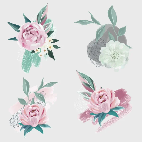 Conjunto de 4 composiciones florales con elemento abstracto — Archivo Imágenes Vectoriales