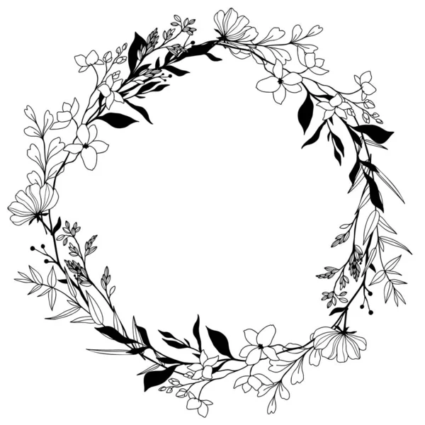 Tiny floral wreath, line art, hand drawn vector — Vettoriale Stock