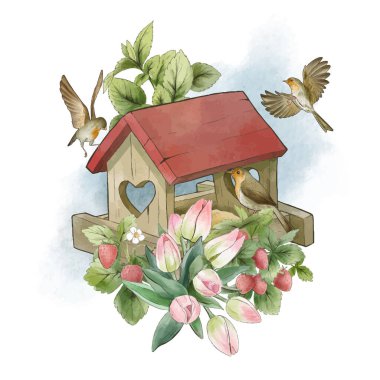 Bahçıvanlık kompozisyonu, klasik suluboya sanatı, el çizimi.