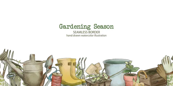 Borda de jardinagem, desenho à mão vetor aquarela ilustração —  Vetores de Stock