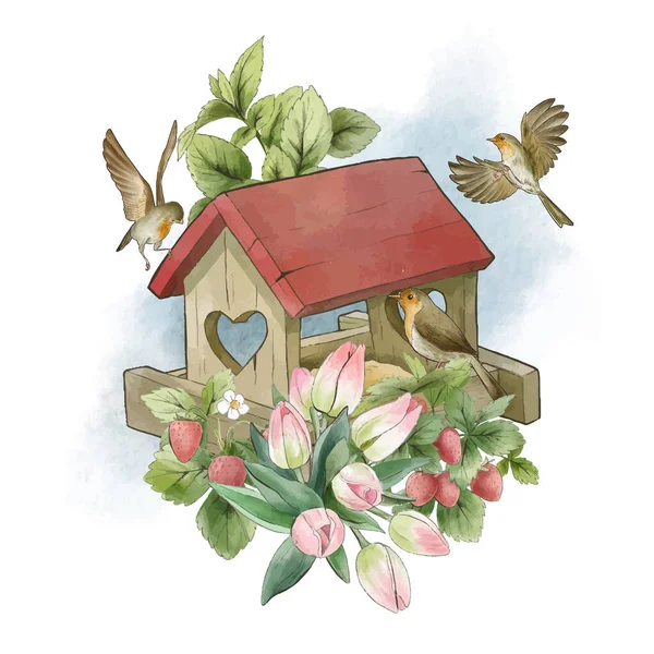 Bahçıvanlık kompozisyonu, klasik suluboya sanatı, el çizimi.