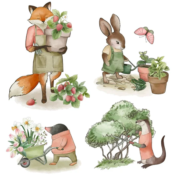 Collection of dressed animals doing gardening, hand drawn — Stock Vector