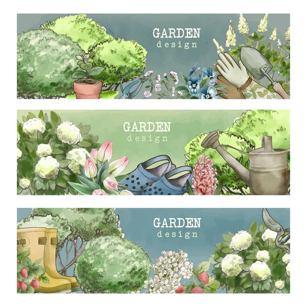 Set of three gardening banners, vintage watercolor style — Stock Vector