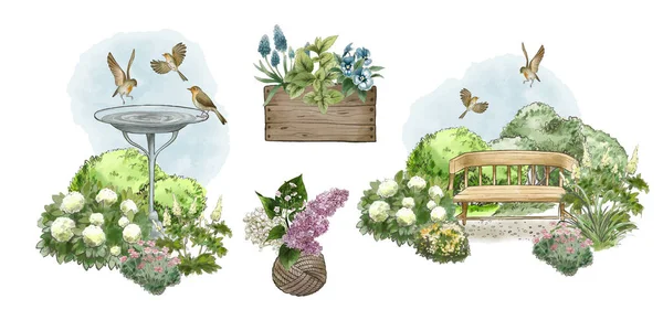 開花と飛行鳥の茂みとヴィンテージガーデン組成のセット — ストックベクタ