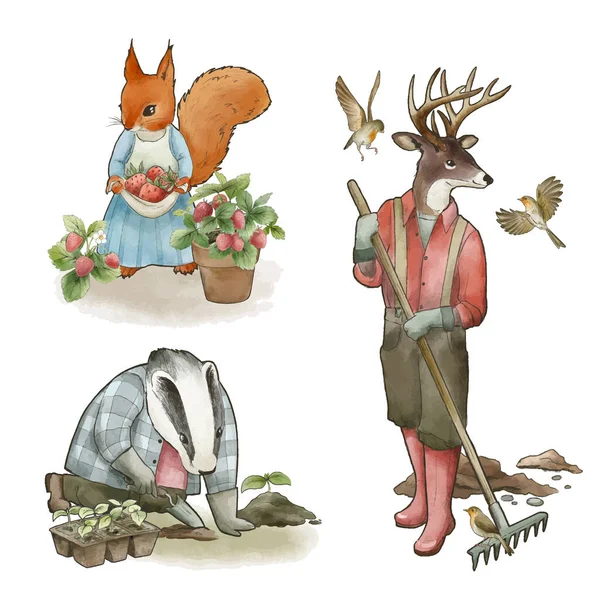 Colección de animales vestidos haciendo jardinería, dibujados a mano Vectores De Stock Sin Royalties Gratis
