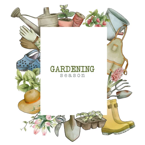 Banner de herramientas de jardinería, estilo acuarela vintage, dibujado a mano Vector De Stock