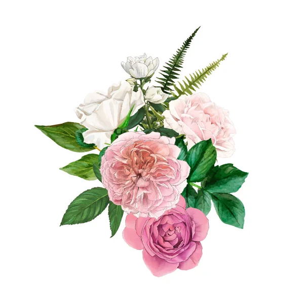 Mazzi di fiori rosa inglese lussureggiante con foglie, disegnato a mano — Vettoriale Stock