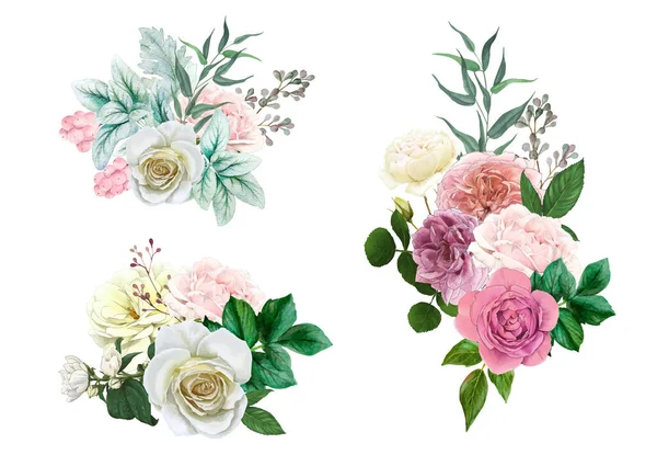 Set di tre lussureggianti mazzi di rose con foglie e bacche — Vettoriale Stock
