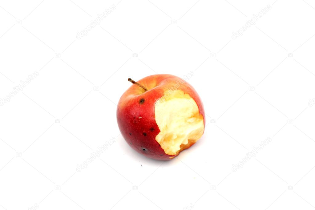 red apple with bite isolated on white background.