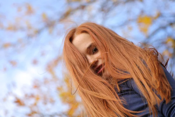 Close-up portrait of a beautiful red-headed girl posing — Stock Photo, Image