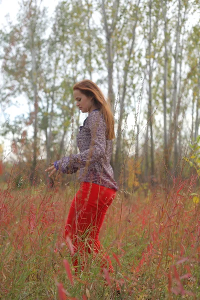 Žena v podzimní trávě, venkovní portrét — Stock fotografie