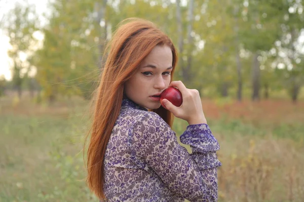 Hermosa pelirroja joven en un prado de otoño — Foto de Stock