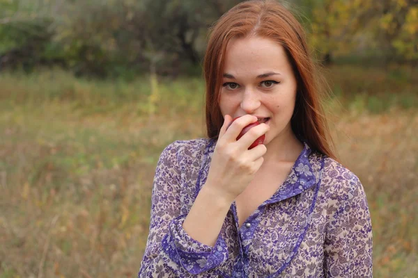 Güzel genç redhead sonbahar çayır — Stok fotoğraf