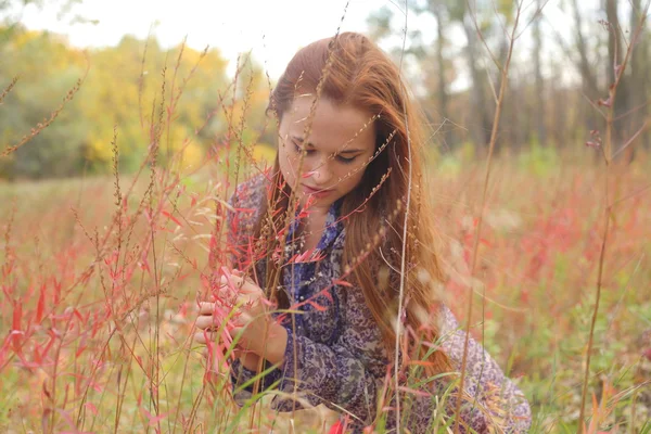 Donna che cammina nel parco autunnale — Foto Stock