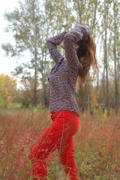 秋の公園に立っている美しい女性 — ストック写真