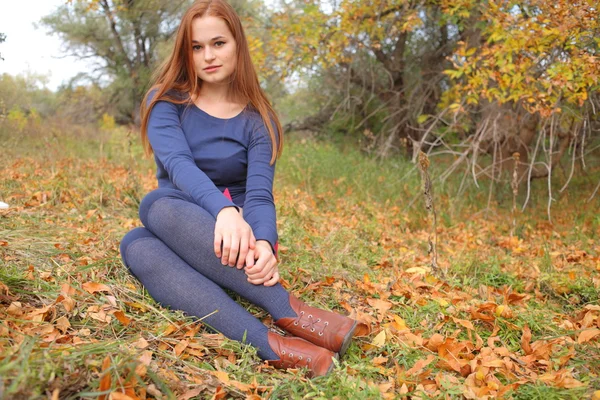 Retrato de uma bela mulher ruiva sentada na grama — Fotografia de Stock