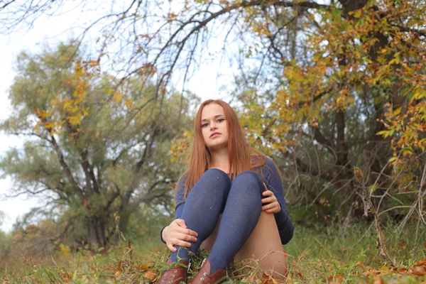 Retrato de una hermosa mujer pelirroja sentada en la hierba — Foto de Stock