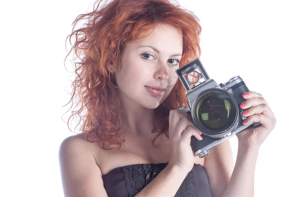 Beautiful female with camera — Stock Photo, Image