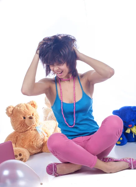 Pretty woman with bear — Stock Photo, Image