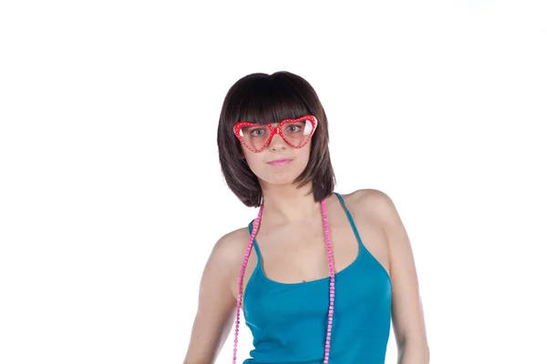 Молодая женщина с темными волосами в веселых очках — стоковое фото