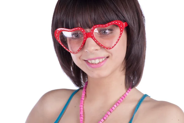 Smiling beautiful girl in glasses on white — Stock Photo, Image