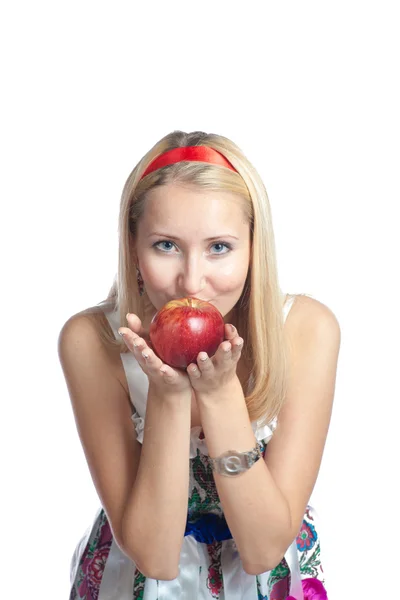 Jonge blonde vrouw en apple — Stockfoto