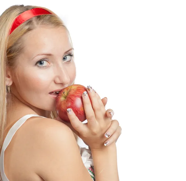 Young blond woman and apple — Stock Photo, Image