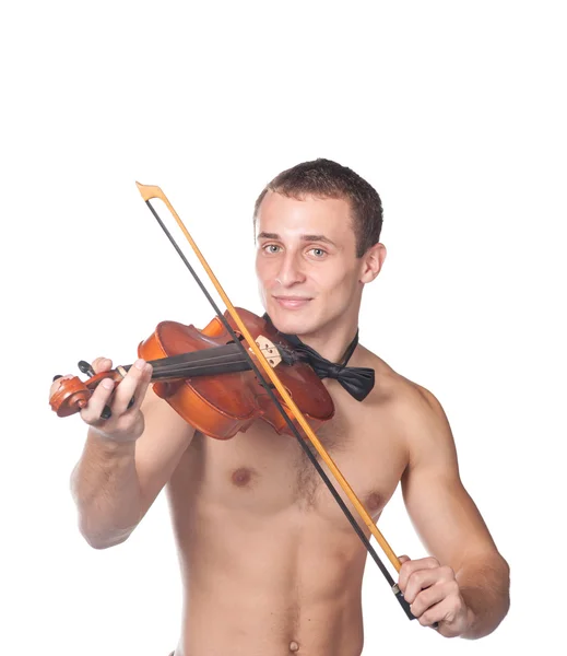 Handsome guy shirtless violin player — Stock Photo, Image