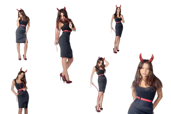 Set van sexy halloween duivel girl met lash in handen - geïsoleerd op witte achtergrond — Stockfoto