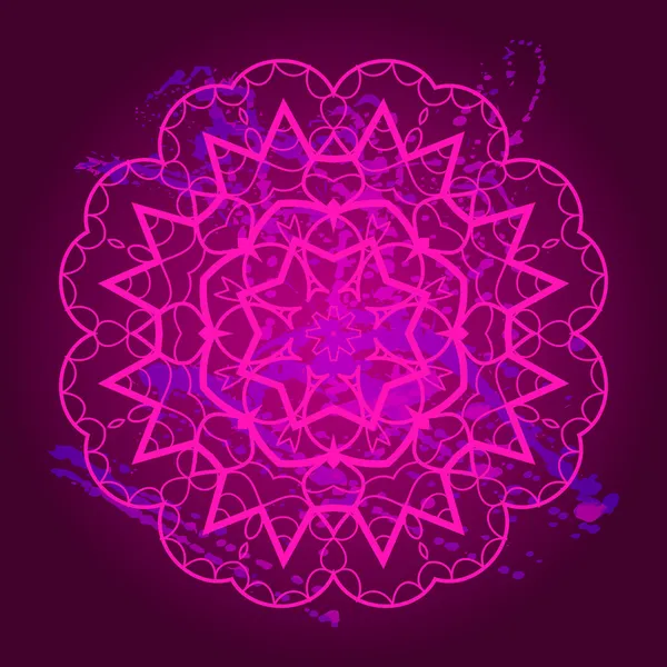 Orientales motivo mandala patrón de lase redonda sobre el fondo violeta, como copo de nieve o mehndi — Vector de stock