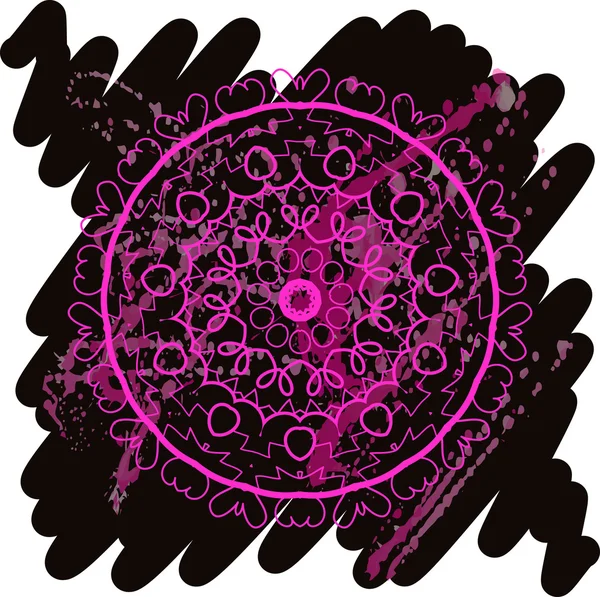 Patrón de lase redonda de motivo mandala oriental en el fondo negro, como copo de nieve o pintura mehndi en color claro con elemento acuarela en el fondo — Vector de stock