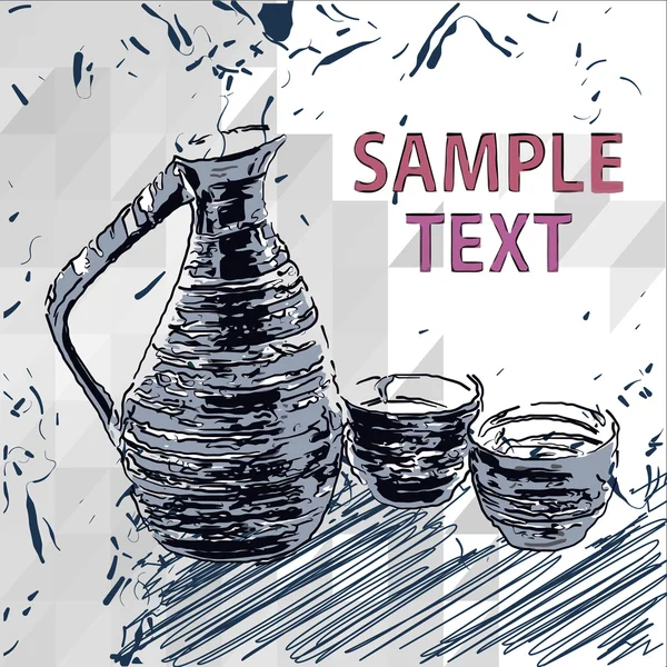 Botella de sake y tazas, dibujos vectoriales — Vector de stock
