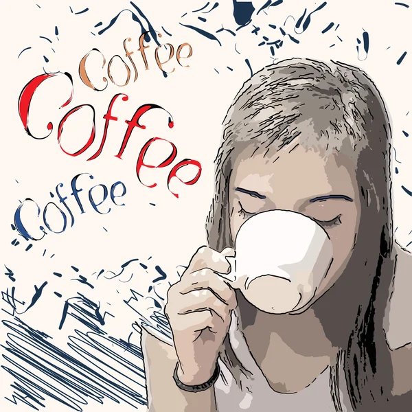 Poster caffè design retrò con ragazza bere — Vettoriale Stock