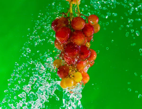 Uva roja con agua con salpicadura aislada sobre fondo verde —  Fotos de Stock