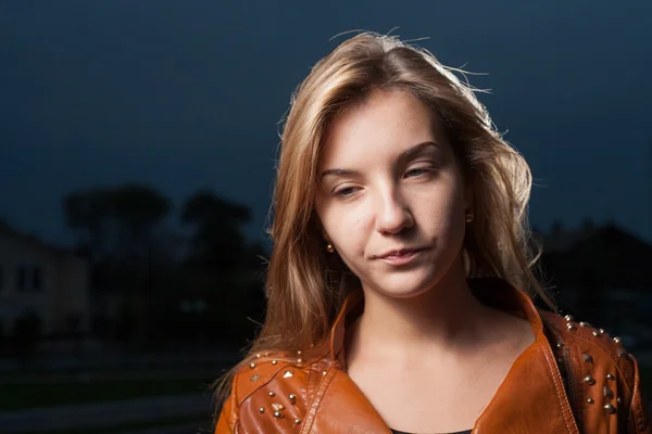 Sad young 20s woman at night — Stock Photo, Image