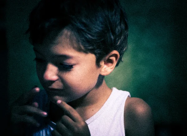 Sad boy in the dark, headshot — Stock Photo, Image