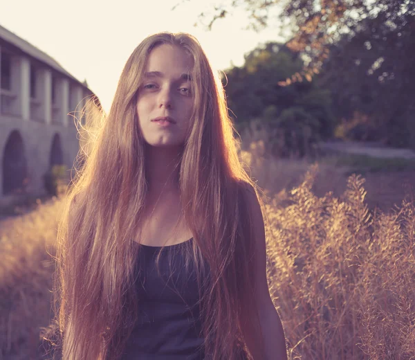 Gold sunset and blond women — Stock Photo, Image