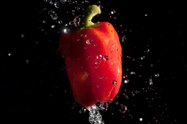Красный перец и капли воды на черном — стоковое фото