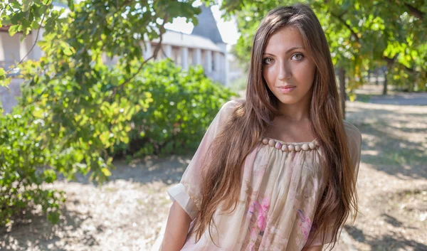 ドレスの屋外での長い髪と美しい若い女性 — Stockfoto