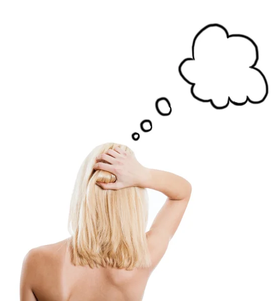 Backside of the blonde female with speech bubble — Stock Photo, Image